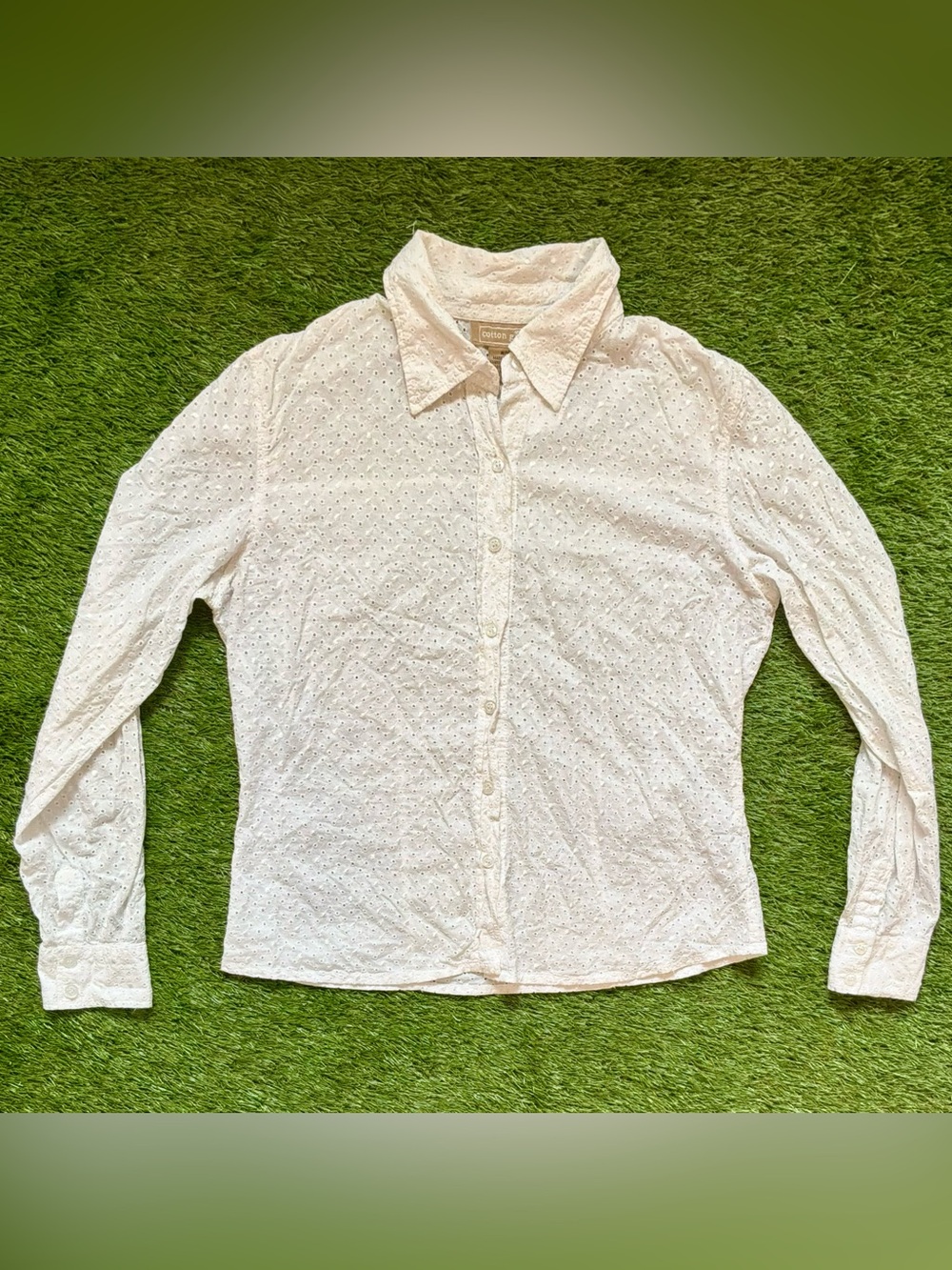Cotton Ginny White Eyelet Button-Up Blouse Long Sleeve Medium